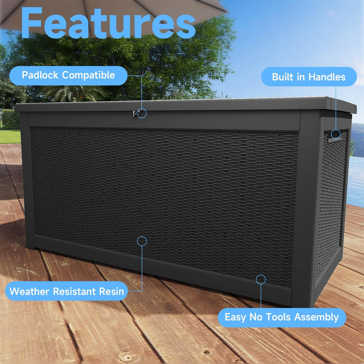 deck box large outdoor storage for patio furniture, side view