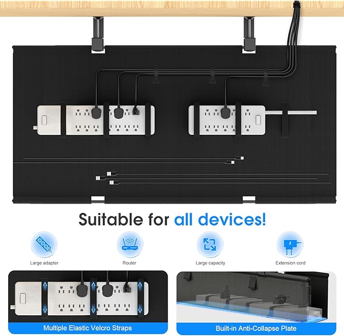 KIGJU Under Desk Cable Management Tray, 40-inch No-Drill Cord Organizer