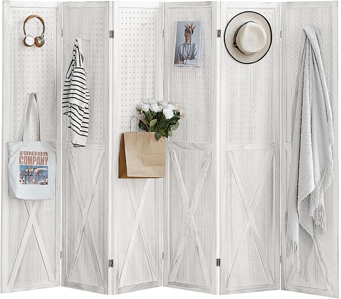 ALeesing 6 Panel Pegboard Room Divider, 5.6Ft Pegboard Display Folding Privacy