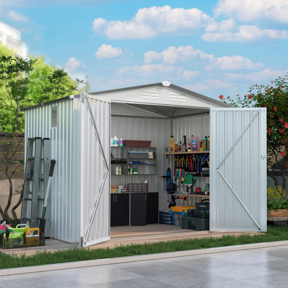 8x6FT Storage Shed, Outdoor Galvanized Steel Garden Shed with Lockable Door & Window, Waterproof Metal Tool Storage for Garden, Backyard, Patio, Lawn