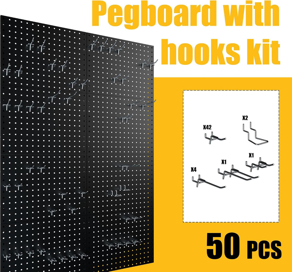 Spampur Peg Board, 8 Pack Metal Pegboard Panels with 50 Hooks