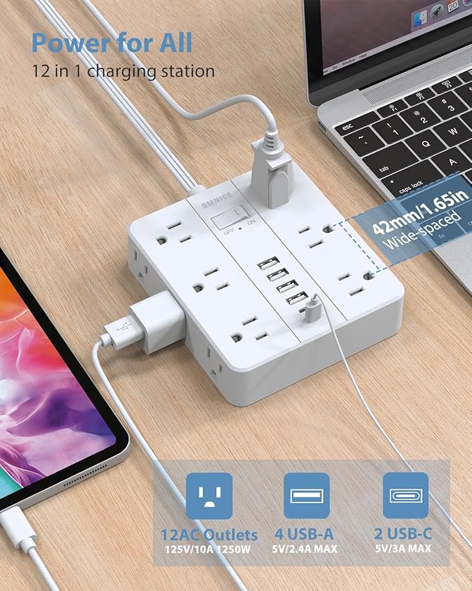 Power Strip Surge Protector 20ft Extension Cord, SMNICE Flat Plug