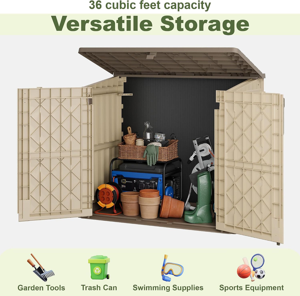 plastic outdoor storage shed, 36 cu ft waterproof, side view