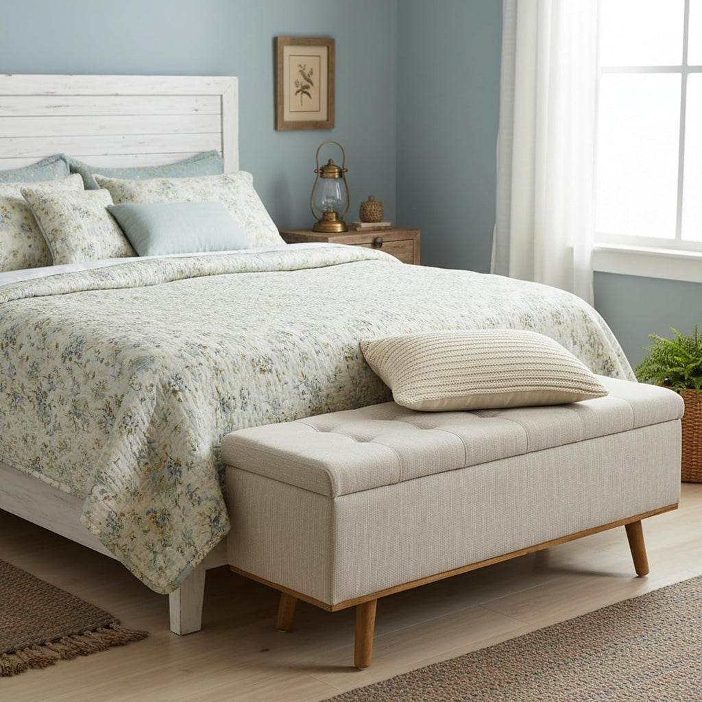 Storage Ottoman Bench, 45" End of Bed Bench, Beige