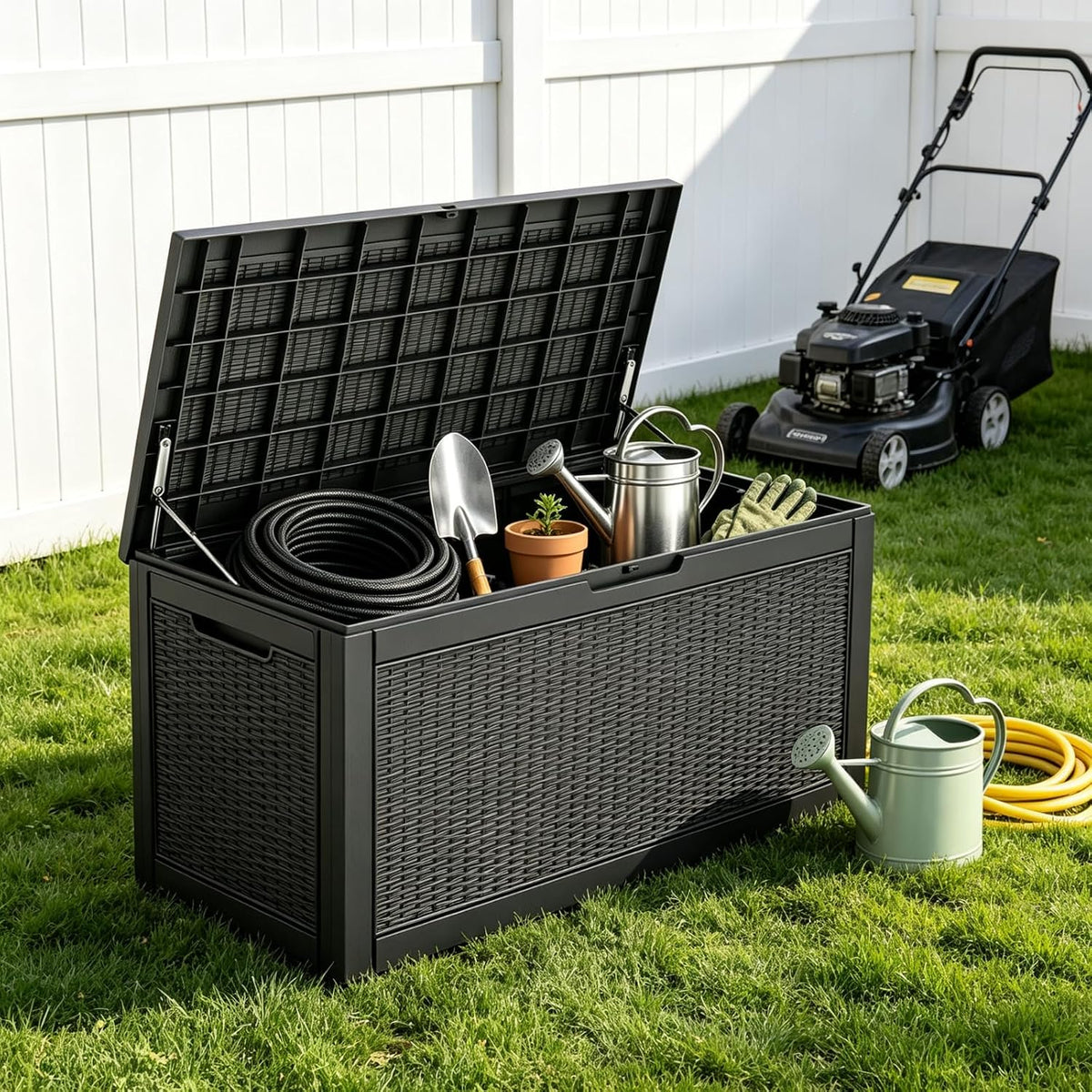 140 gal outdoor storage box waterproof lockable,deck box,gas shown in use