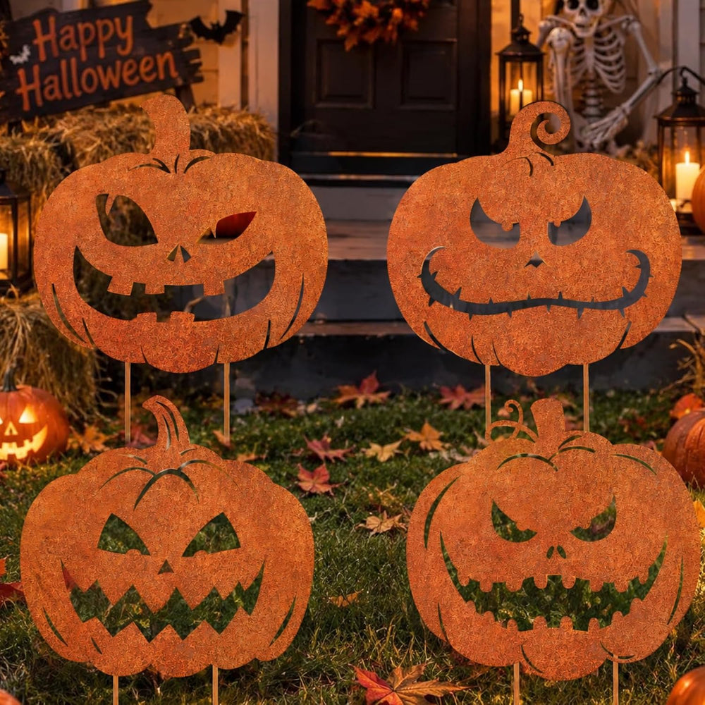 MorningRo 4 Pcs Halloween Outdoor Decoration Rusty Pumpkin Metal Yard Signs