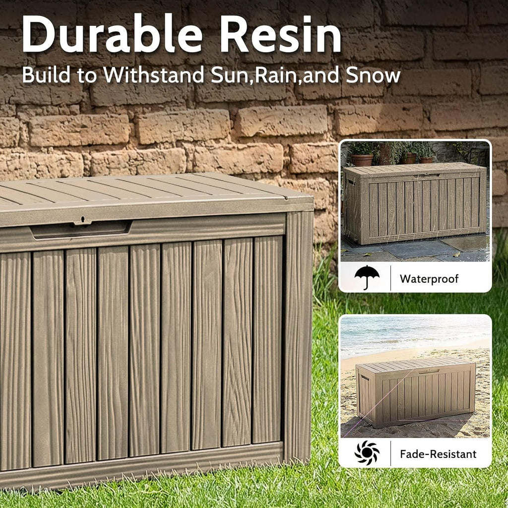 130 gallon resin deck box, outdoor storage box showing dimensions
