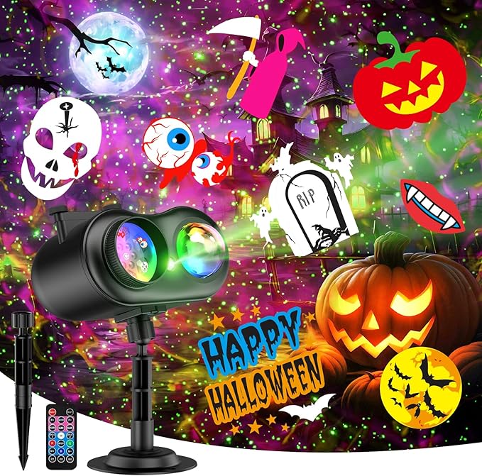 Halloween Christmas Projector Lights Outdoor, 8 Brighter HD Holiday Patterns with Firefly & Ocean Wave Effects, 10 Slides, Waterproof Snowflake Projector with Timer for House Garden Yard Xmas New Year