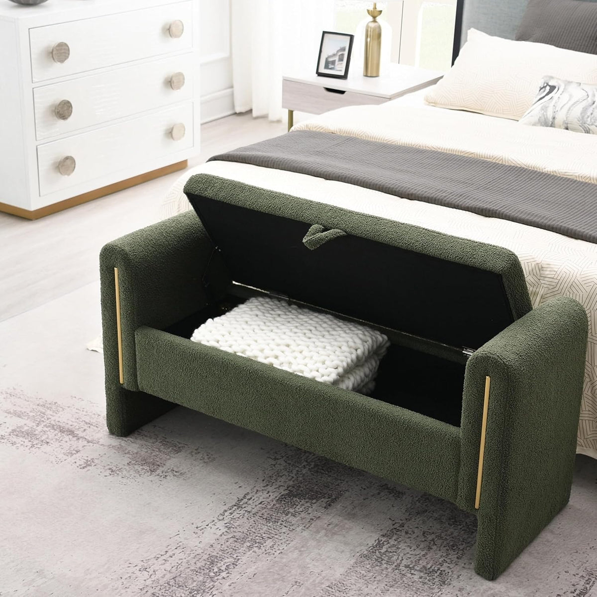 christopher knight home upholstered storage ottoman, teddy fabric, close-up detail