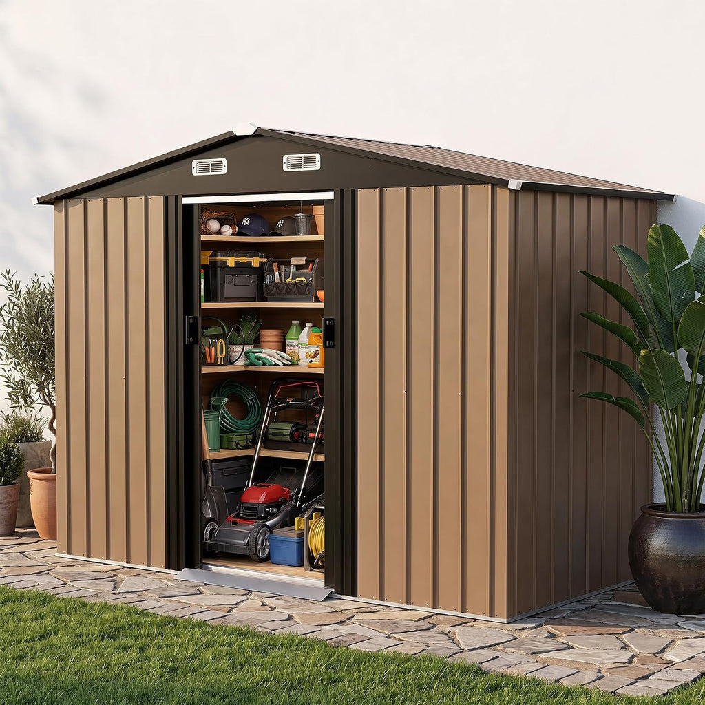 LAUSAINT HOME 10 x 4.5 FT Outdoor Storage Shed, Galvanized Steel Storage Shed with Double Sliding Doors, Gable Roof & Air Vent for Backyard, Brown