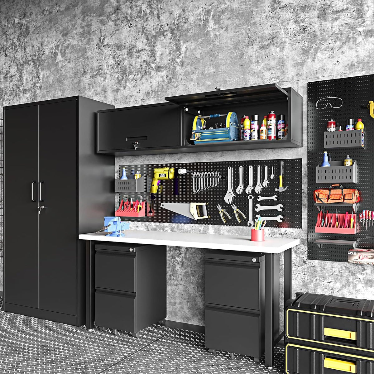 small wall-mounted locking cabinet metal garage storage cabinet on a desk or shelf
