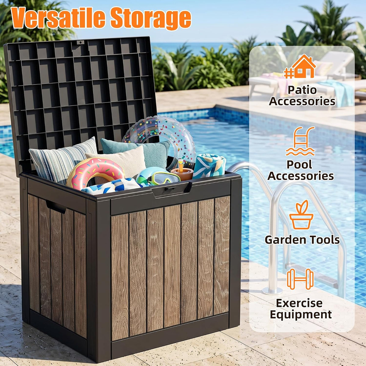 40 gallon outdoor deck box, lockable waterproof resin showing dimensions