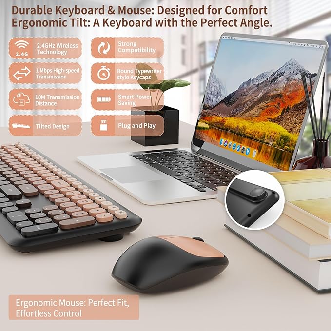 HotFox Wireless Keyboard and Mouse Combo, Full-Size Retro Typewriter Keyboard