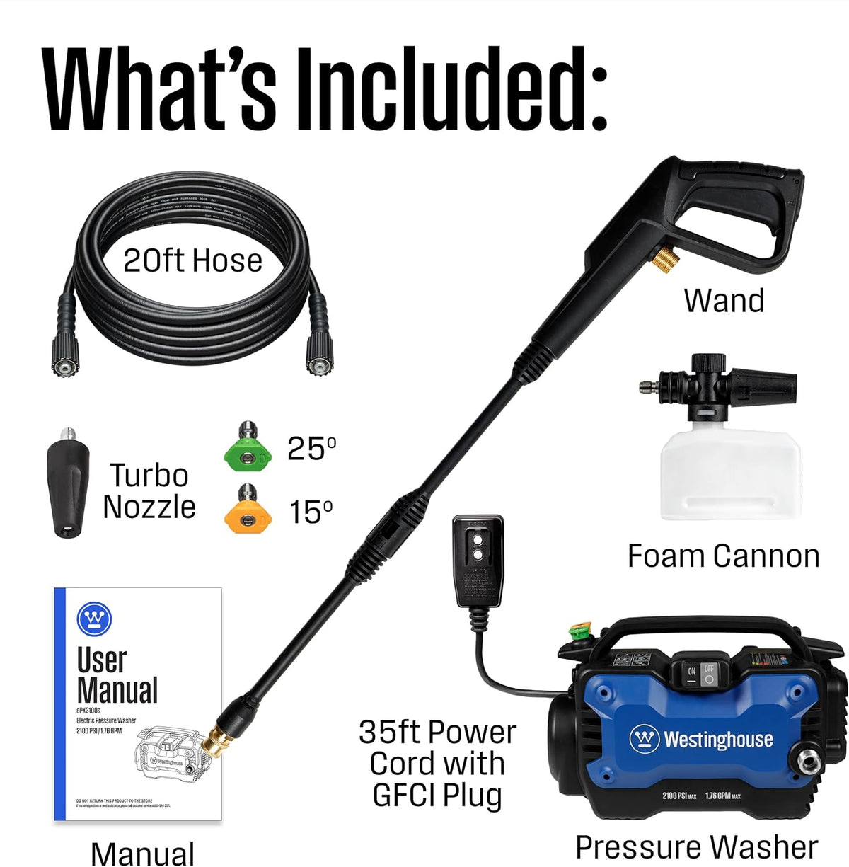Westinghouse ePX3100s Electric Pressure Washer, 2100 Max PSI 1.76 Max GPM with Foam Cannon and Turbo Nozzle, for Cars/Fences/Driveways/Home/Patios