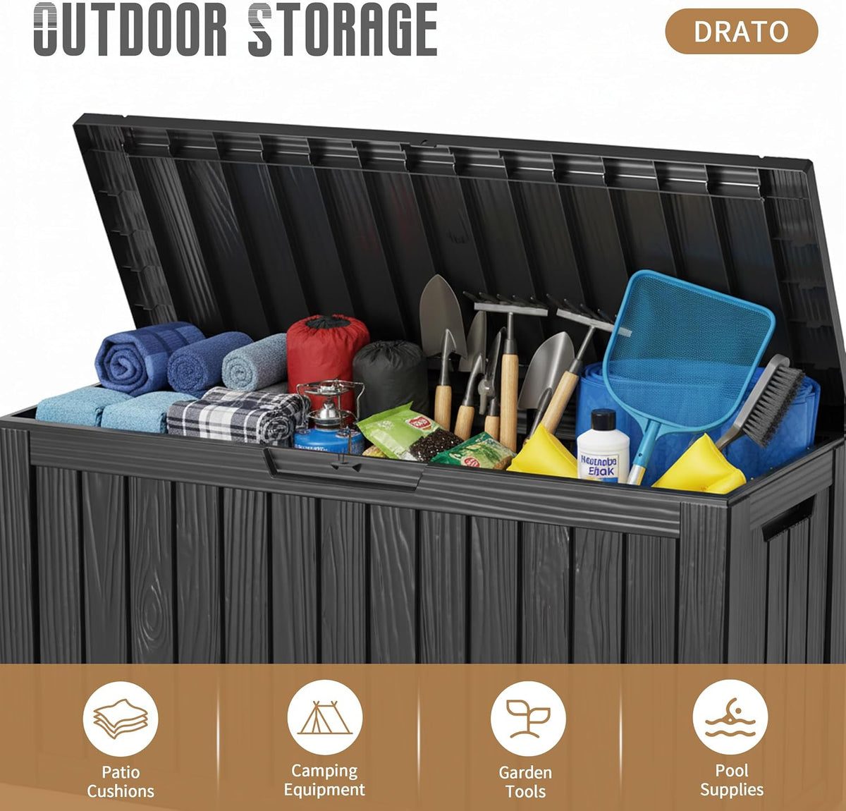 drato 100 gallon waterproof deck box outdoor storage showing dimensions
