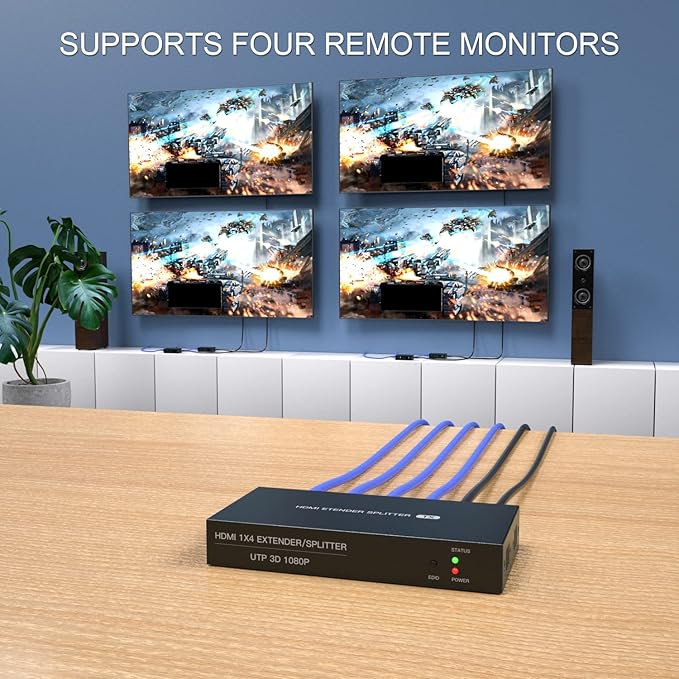 HDMI Extender Splitter 1x4 1080P@60Hz Over Cat 5E/6/7 Ethernet Cable 50m