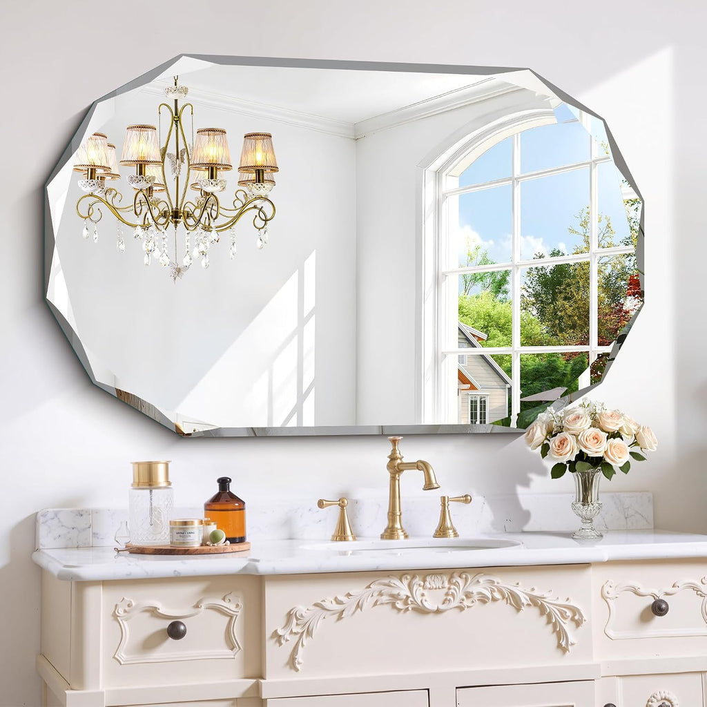 GLASHOM Beveled Edge Frameless Bathroom Mirror, Oval Wall Mirror