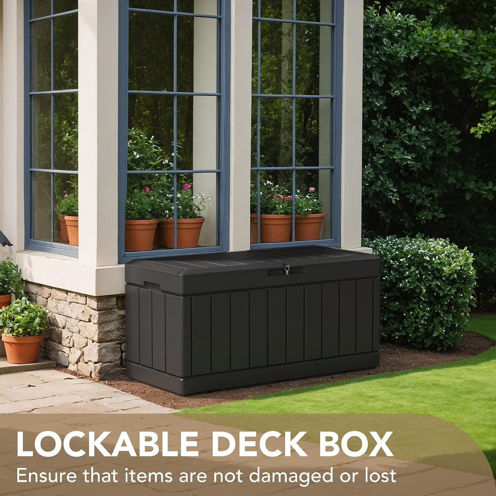 devoko 85 gallon deck box lockable resin outdoor, side view