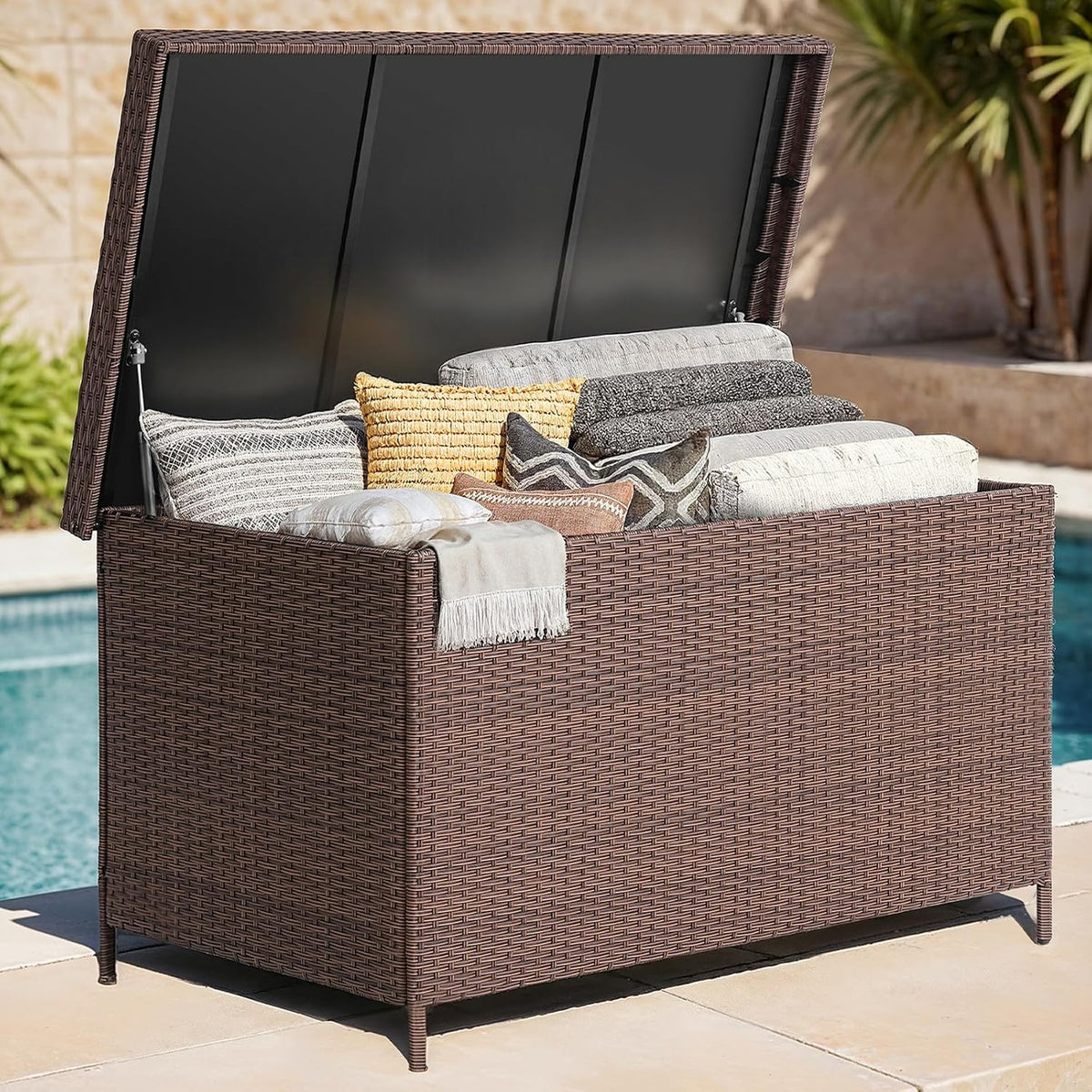ONBRILL 158 Gallon XL Wicker Deck Box, Outdoor Patio Storage Box, Brown