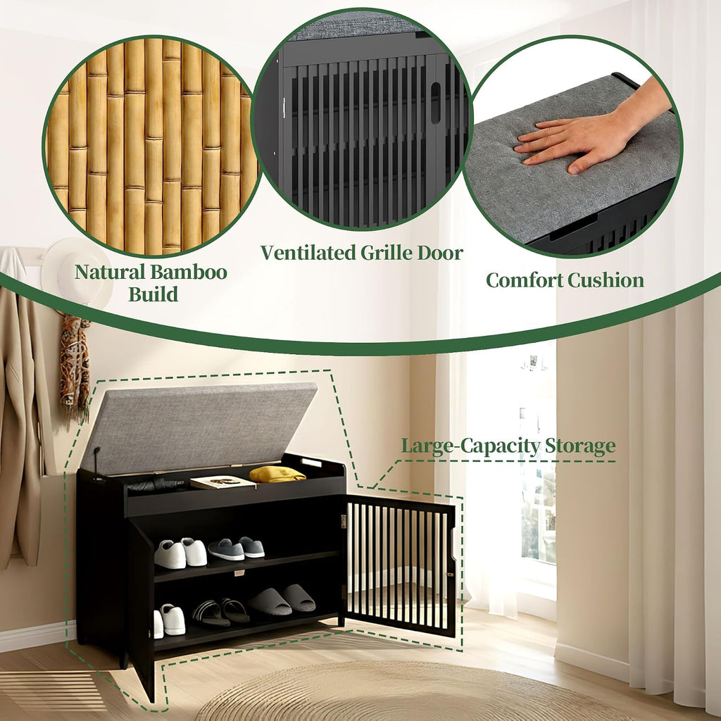shoe storage bench with cushioned seat 3-tier entryway, side view