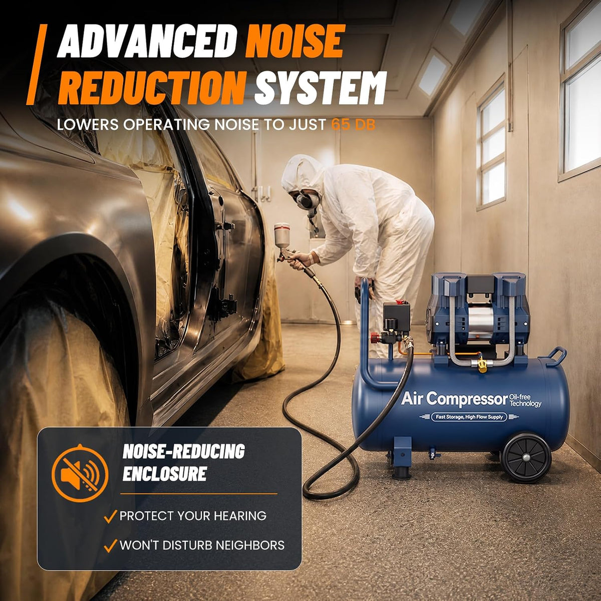 10 Gallon Quiet Oil-Free Air Compressor, Portable Air Compressor with 120 PSI Max Pressure, 5.26 CFM @ 90 PSI, Fast Recovery for Garage, Air Tools, Tire Inflation, Spray Painting & Woodworking