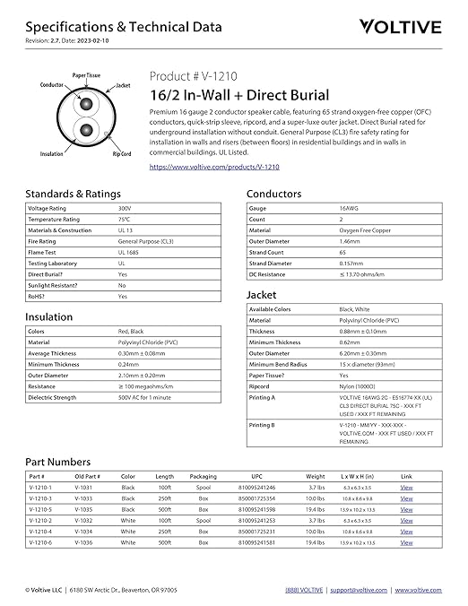 Voltive 16/2 Speaker Wire, in-Wall CL3 & Direct Burial, 500ft