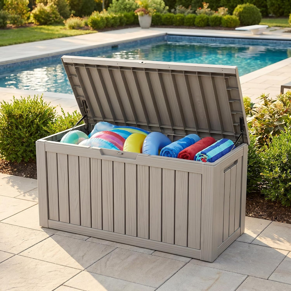 80 gallon deck box, waterproof resin outdoor storage showing dimensions