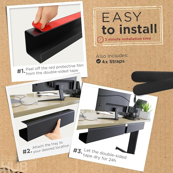 No-Screw Under Desk Cable Management Tray (4-Pack)