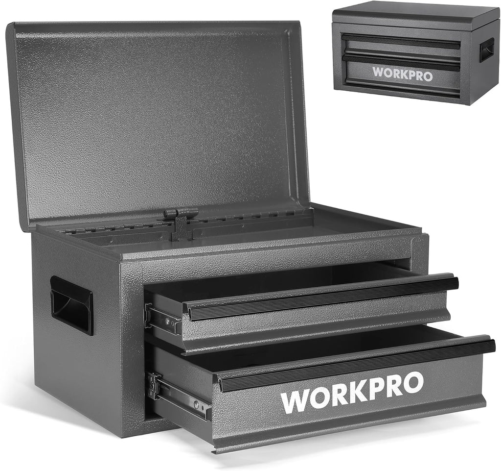 WORKPRO 15-Inch Metal Tool Box with 2 Drawers & Top Storage