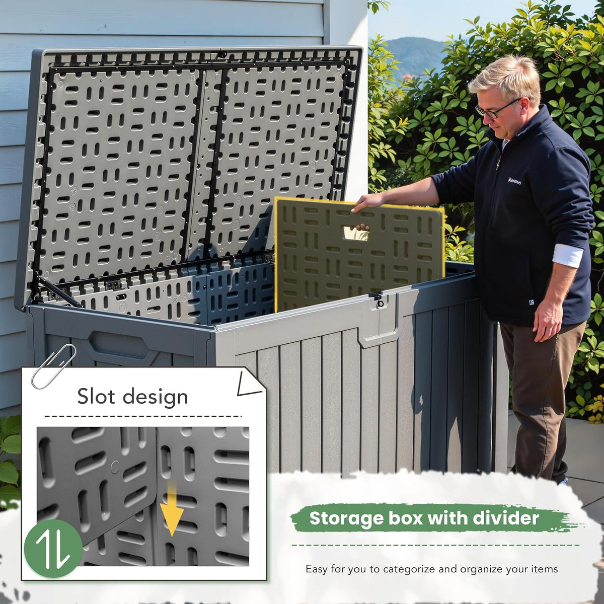 greesum 230 gallon hdpe outdoor storage box with showing dimensions