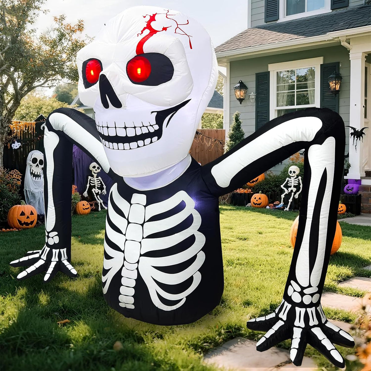 7 FT Halloween Inflatables Skeleton Decoration,Large Skeleton Halloween Decor，Giant Ground Breaking Skeleton Blow Up Yard Decorations Built-in LED for Outdoor Garden, Lawn