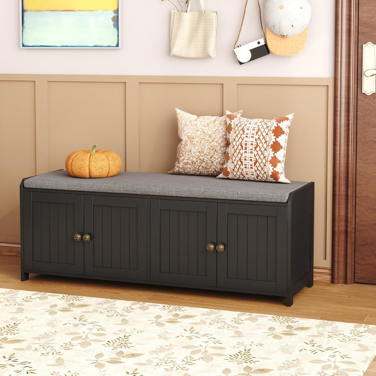 HOMEFORT 48.4" Shoe Storage Bench with Cushion, Entryway Bench with Paddded Seat, 2-Tier Shoe Cabinet Bench with Adjustable Shelves and 4 Doors, Wooden End of Bed Bench, for Bedroom, Hallway, Black