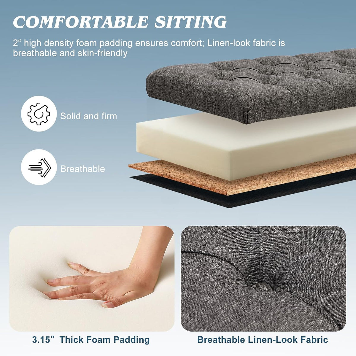 51" storage bench for bedroom, tufted storage ottoman, close-up detail