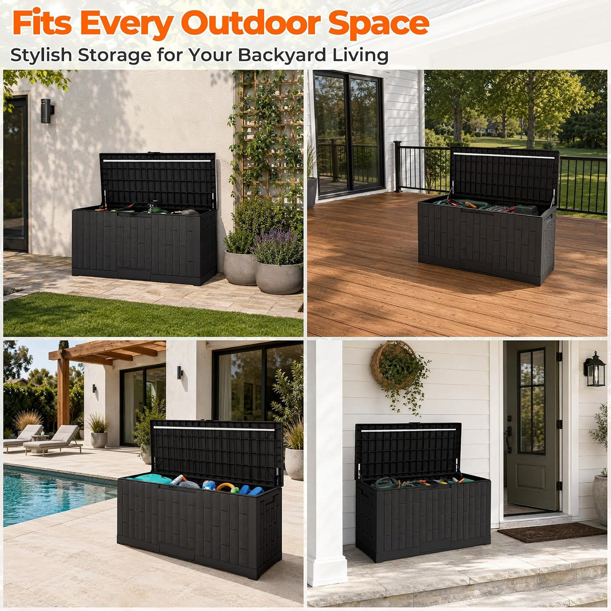 outdoor storage box, 120 gallon waterproof resin patio showing dimensions