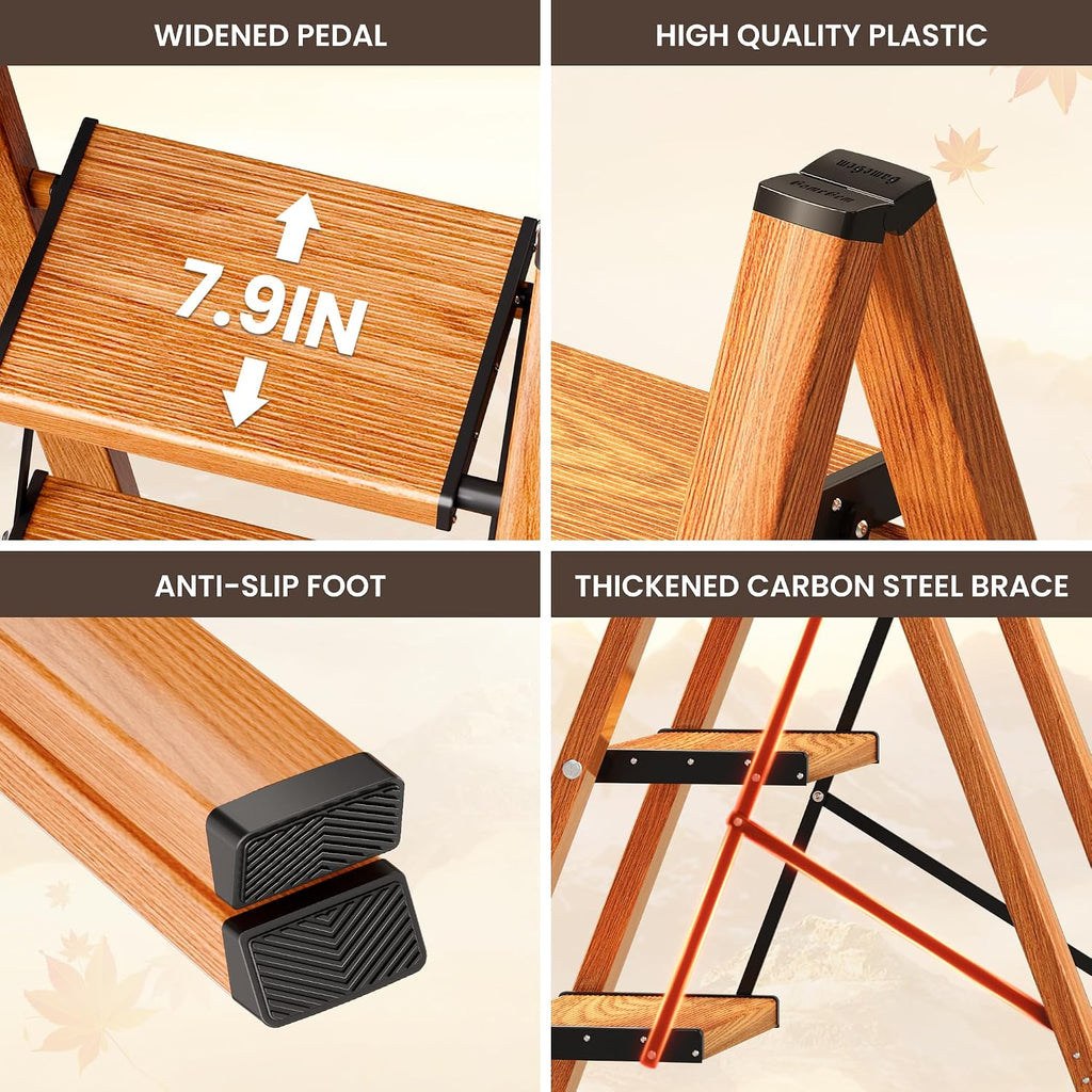3 step ladder, folding step stool with anti-slip, close-up detail