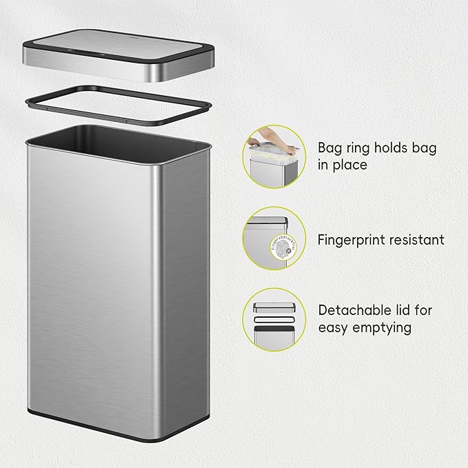 EKO Nova Sensor Trash Can, 21 Gallon/80 Liter Stainless Steel Rectangular