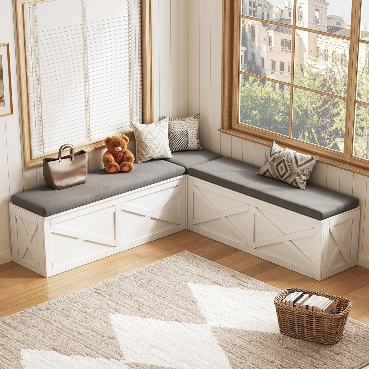 Breakfast Nook Bench, L Shaped Storage Bench with Cushion, White