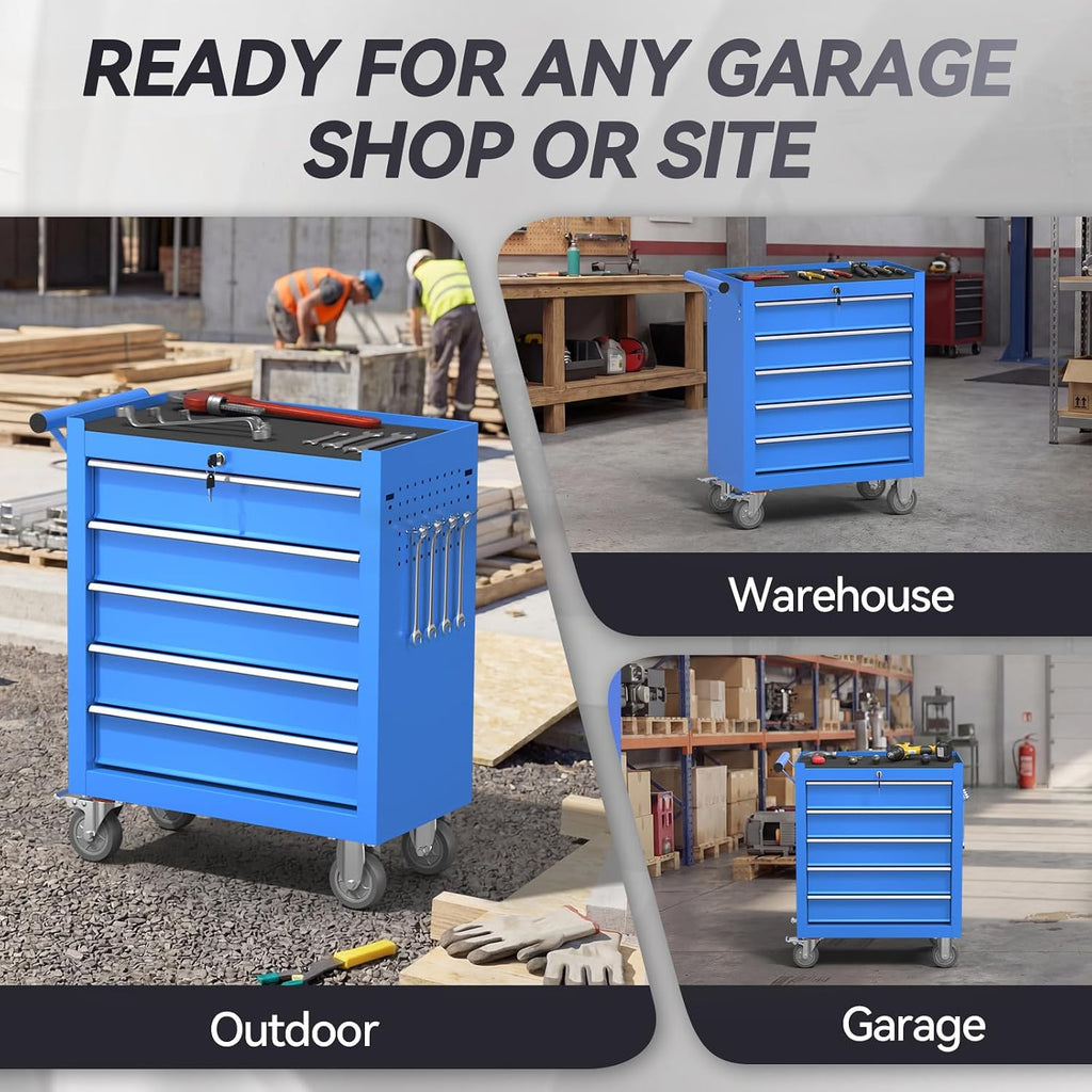 5-Drawer Rolling Tool Chest with Wheels, Metal Tool Storage Cabinet with Lock&Keys and Swivel, Toolbox with drawers, Tool Box for Warehouse,Garage, Repair Shop, Workshop (Blue, 5-Drawer)