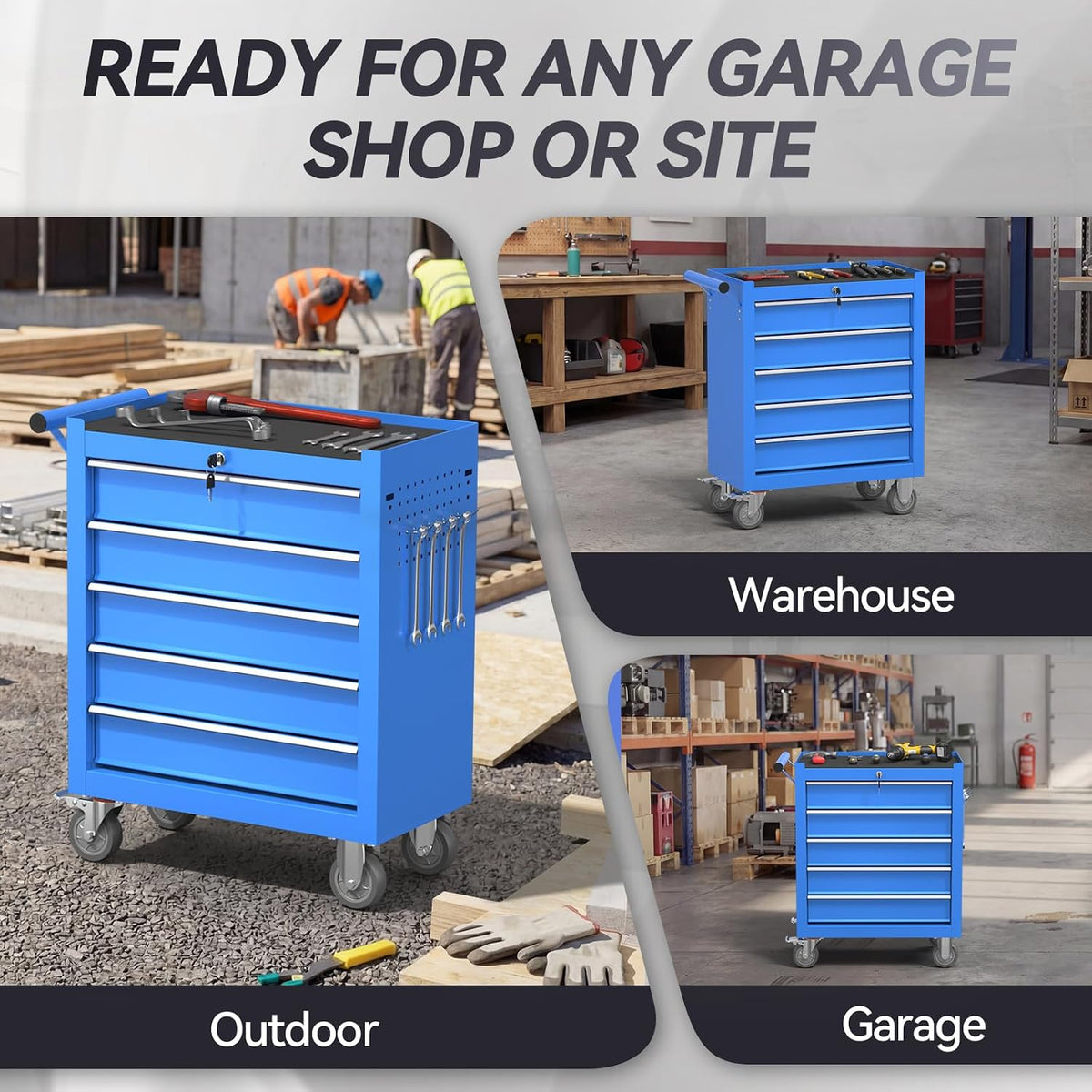 5-Drawer Rolling Tool Chest with Wheels, Metal Tool Storage Cabinet with Lock&Keys and Swivel, Toolbox with drawers, Tool Box for Warehouse,Garage, Repair Shop, Workshop (Blue, 5-Drawer)