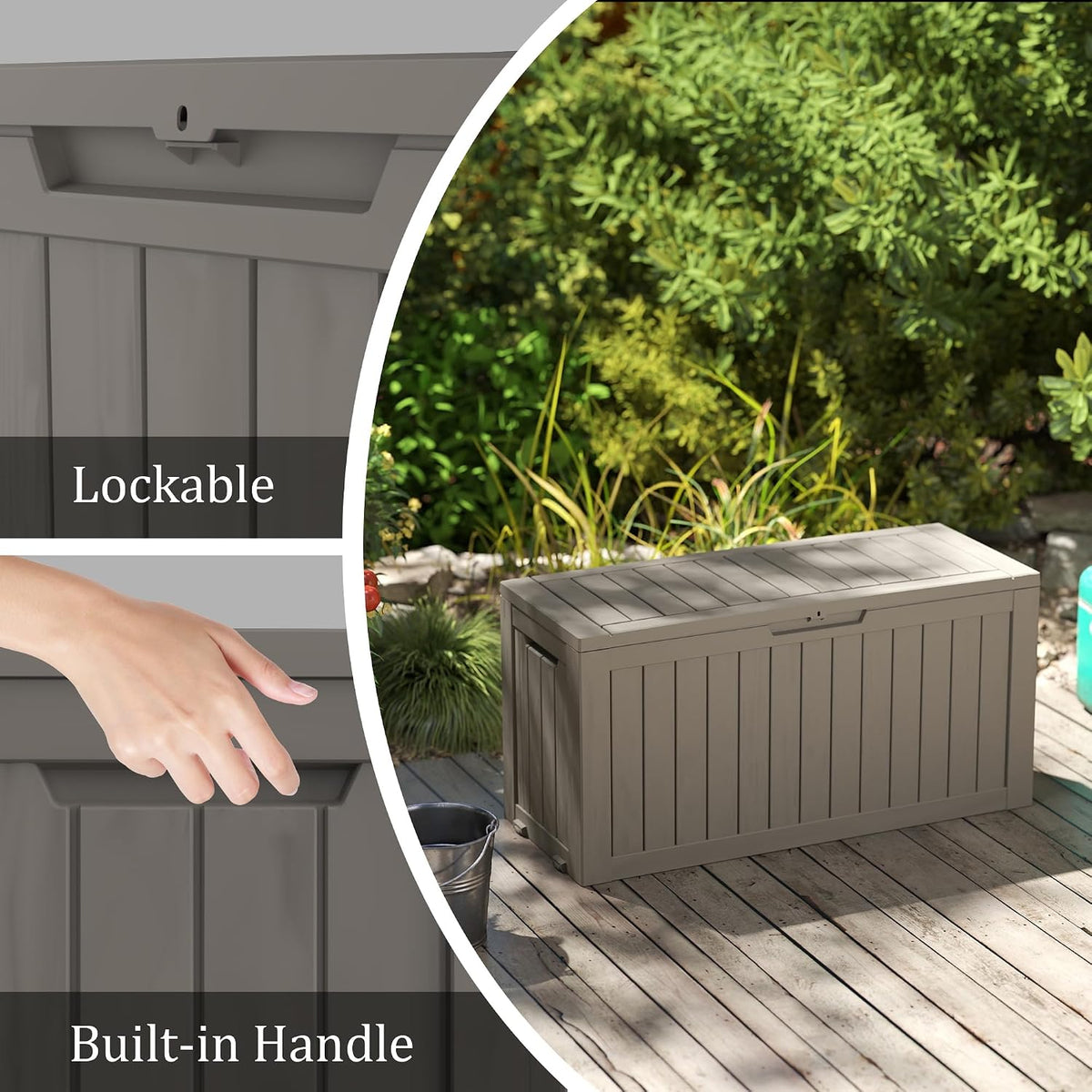 76 gallon outdoor storage box with wheels, waterproof, close-up detail