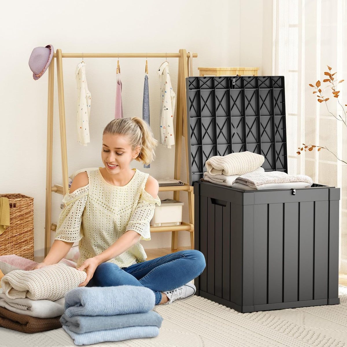 patiozen 70 gallon deck box, outdoor storage box shown in use
