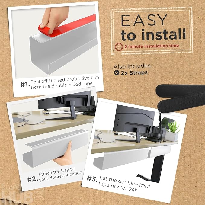 No-Screw Under Desk Cable Management Tray (2-Pack)
