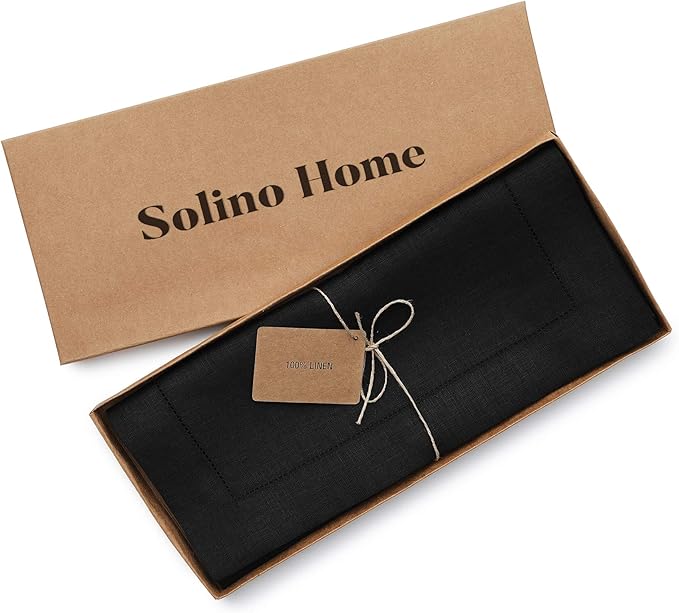 Solino Home Linen Black Table Runner 72 Inches Long - 100% Pure Linen Hemstitch Table Runner 14 x 72 Inch for Dresser, Dining, Fall, Autumn, Halloween, Thanksgiving, Holiday - Classic Hemstitch