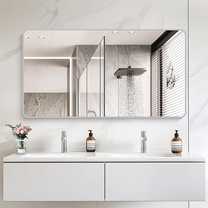 55x30 Inch Silver Bathroom Mirror, Large Rectangular Vanity Mirror, Metal