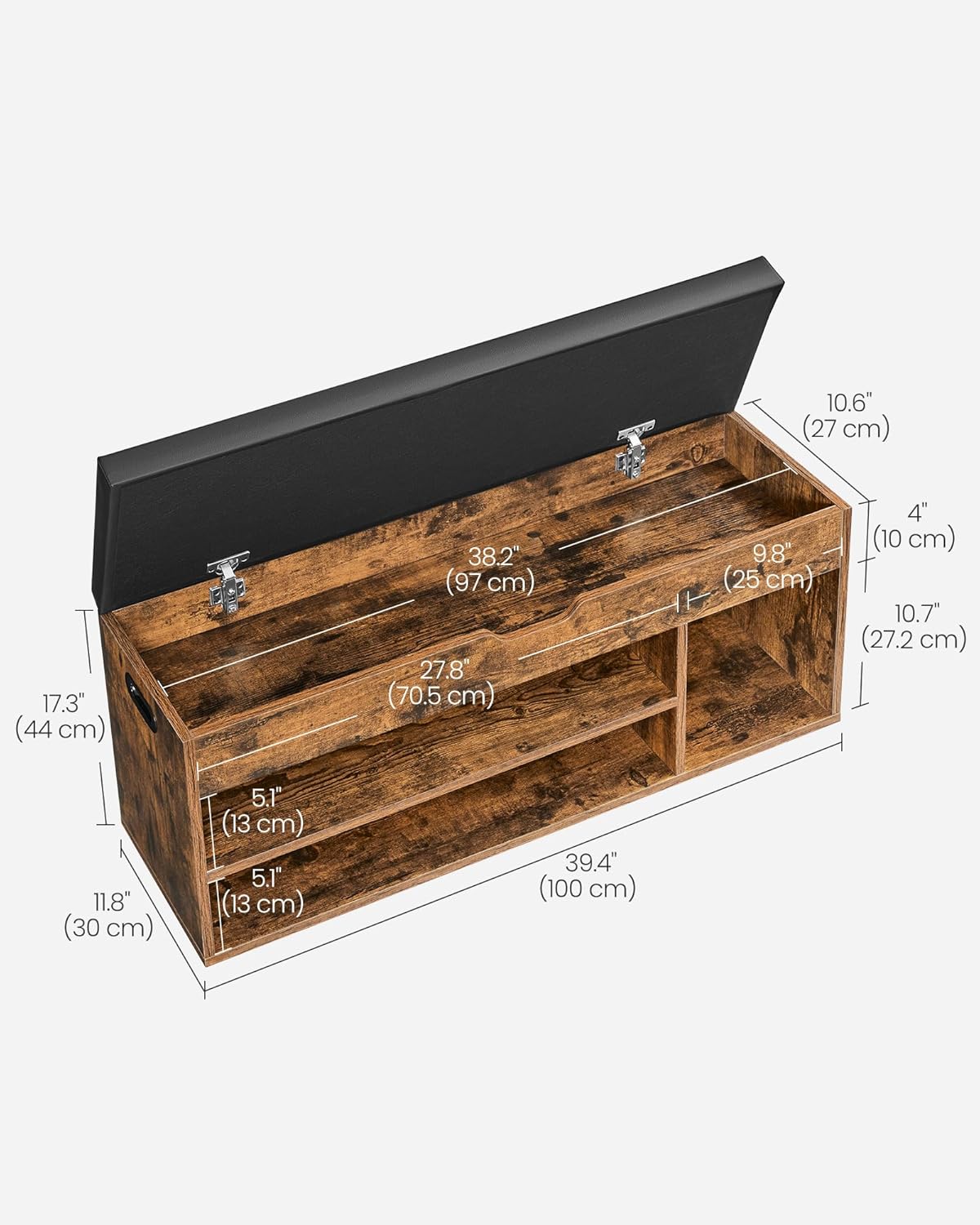 vasagle storage bench with cushion, shoe bench, 11.8, close-up detail