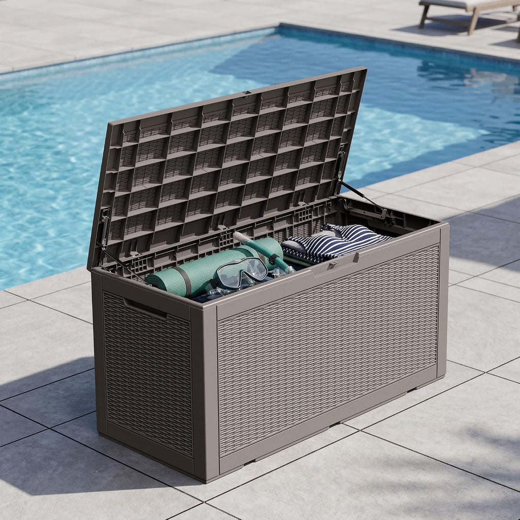 outdoor storage box waterproof, 110 gallon deck box showing dimensions