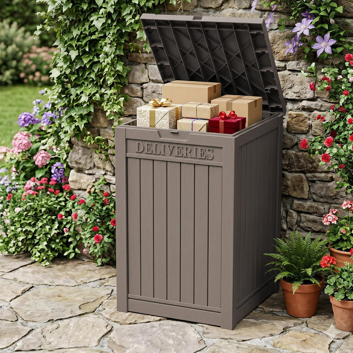 outdoor storage box, 90 gallon waterproof package delivery on a desk or shelf