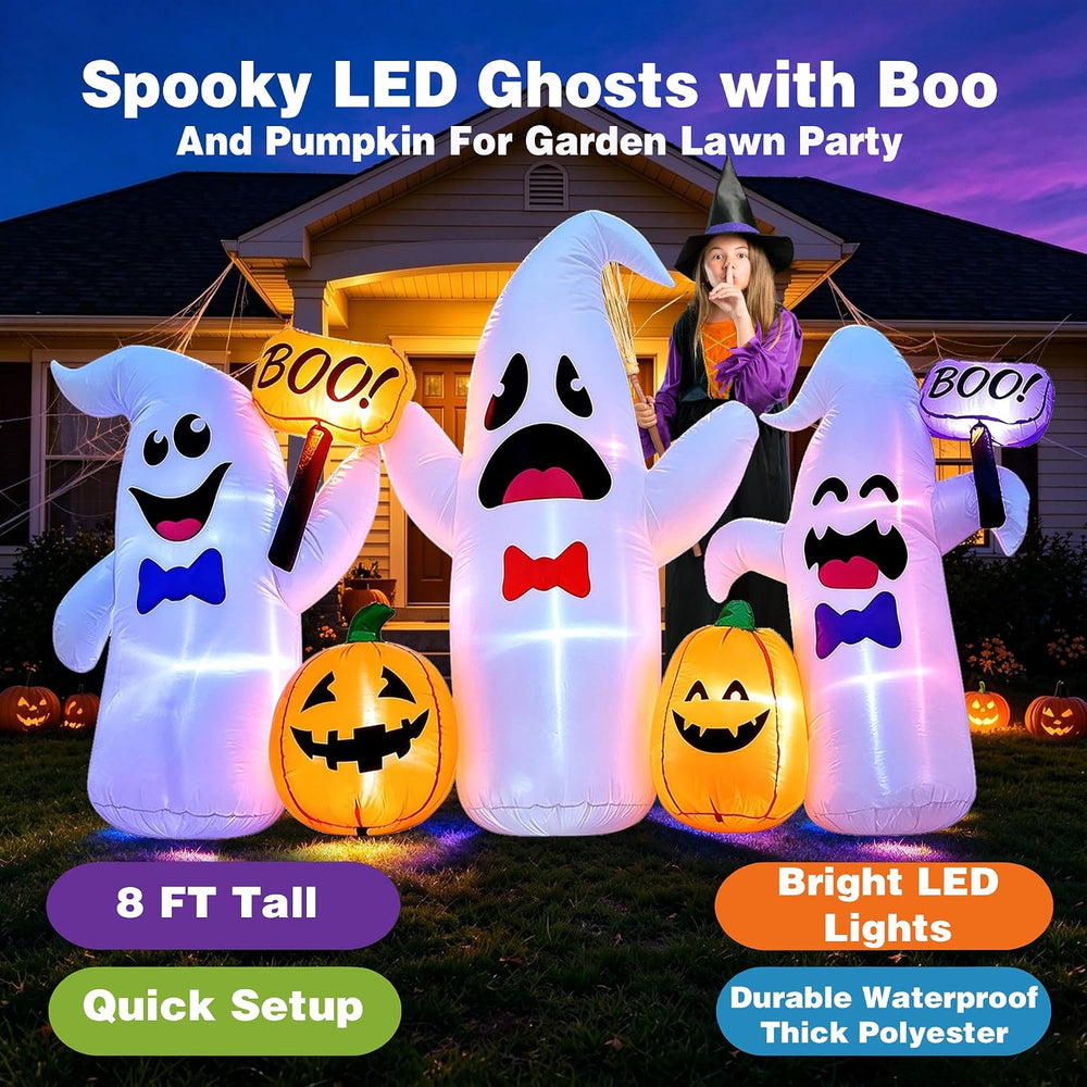 8 Ft Long Halloween Inflatable 3 Ghosts and Pumpkins Decorations Outdoor