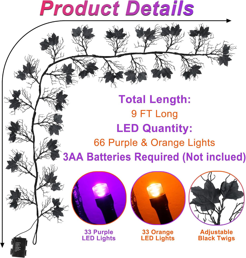 9 Ft 66 LED Willow Vine Twig Decor Black Halloween Garland with Orange Purple...