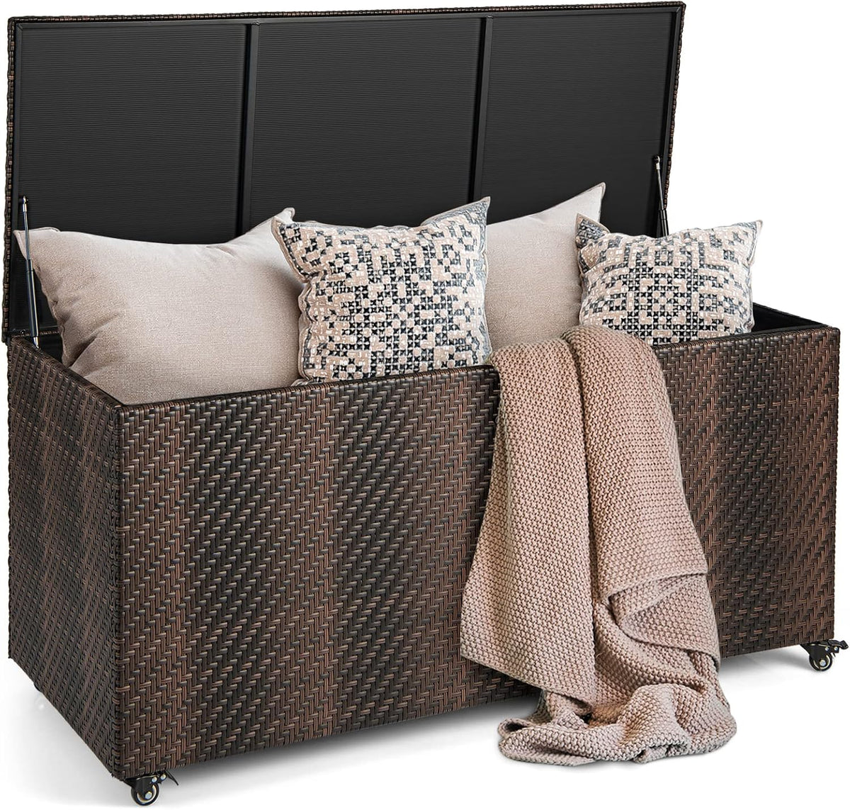 GIANTEX 96-Gallon Outdoor Storage Box - PE Wicker Deck Box with Lid, 4 Wheels, Waterproof Liner, outside Rattan Storage Container for Patio Cushions, Garden Tools Accessories Storage Box (Mix Brown)